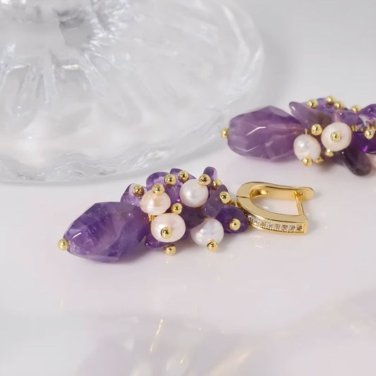 Aretes Amatista con perlas