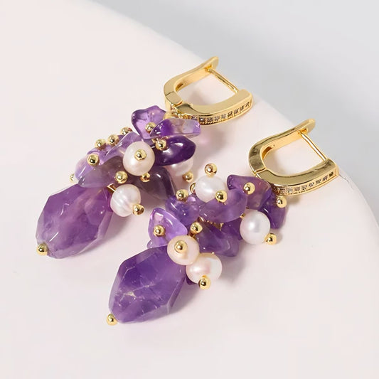 Aretes Amatista con perlas